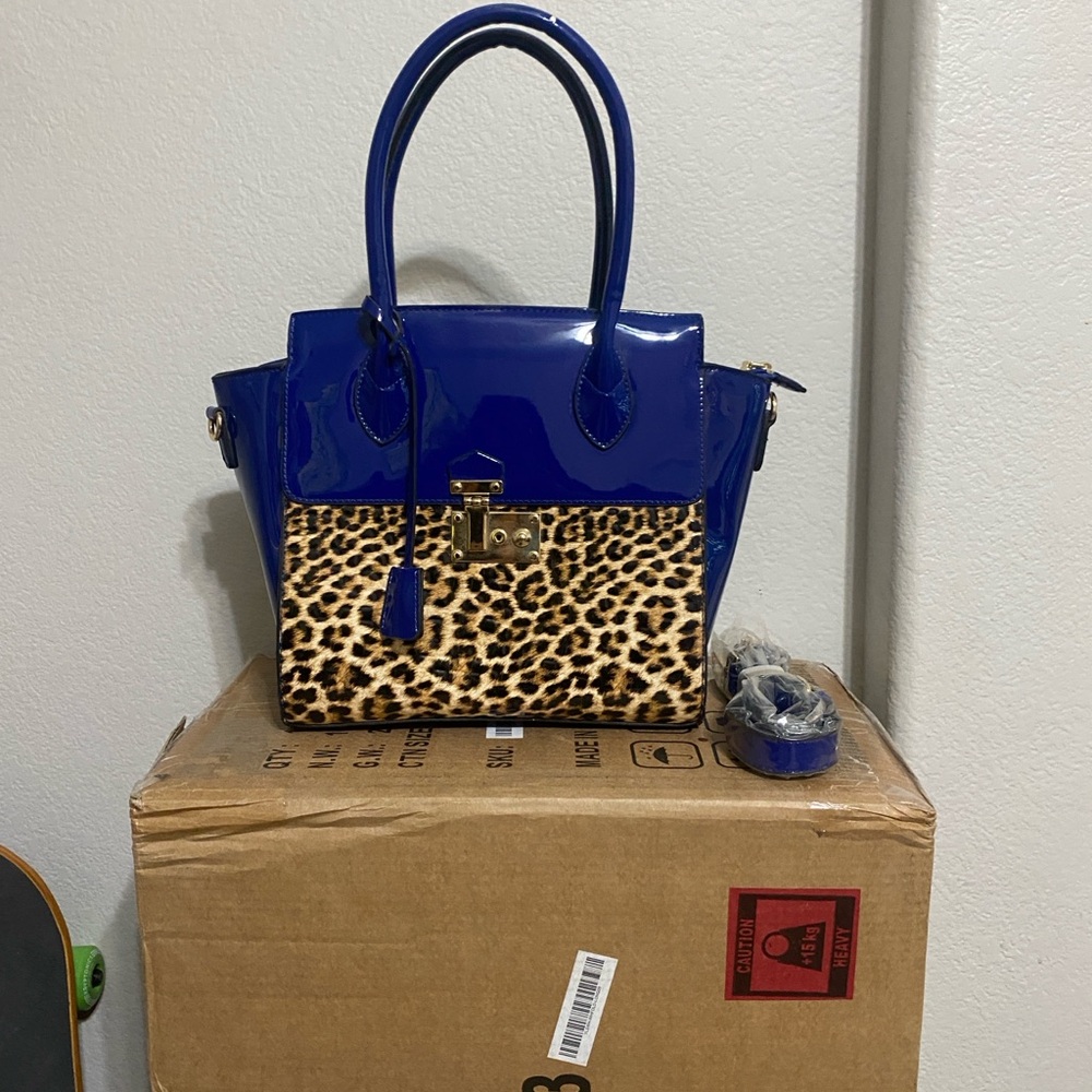 Blue and Leopard Print Women's Handbag